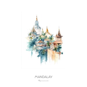 Mandalay Myanmar Watercolor Art Print - Cityscape Landscape Wall Art Home Decor Travel Gift Iconic Landmarks