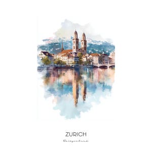 Zurich Switzerland Watercolor Art Print - Cityscape Landscape Wall Art - Travel Gift Home Decor Lake Zurich
