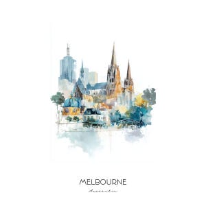 Melbourne Australia Watercolor Art Print - Cityscape Wall Art Home Decor - Travel Gift with Opera House and Flinders Street Station