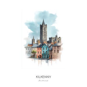 Kilkenny Ireland Watercolor Art Print - Cityscape Wall Art Home Decor Travel Gift St. Canices Cathedral Skyline