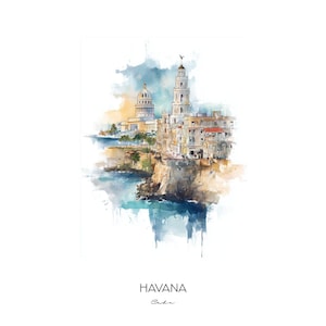 Havana Cuba Watercolor Art Print - Cityscape Wall Art Home Decor - Travel Gift Cuban Landmarks