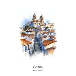 Évora Portugal Watercolor Art Print - Cityscape Wall Art Home Decor Travel Gift