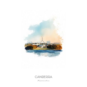 Canberra Australia Watercolor Art Print - Skyline Cityscape Wall Art Home Decor Travel Gift Lake Burley Griffin