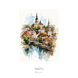 Tartu Estonia Watercolor Art Print - Cityscape Landscape Wall Art Decor Gift Home