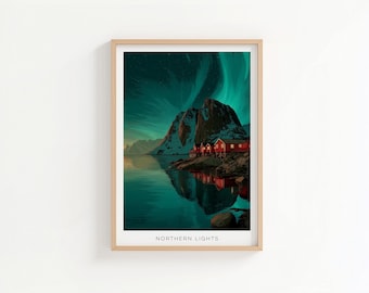 May include: Framed print of a scenic landscape featuring the Northern Lights. The image showcases a mountain range, a body of water, and several red buildings. The sky is filled with vibrant green and blue hues, with the text "NORTHERN LIGHTS" at the bottom.