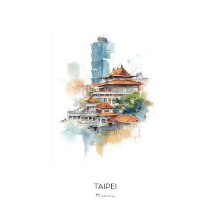 Taipei Taiwan aquarel kunstafdruk - stadsgezicht muur kunst landschap woondecoratie reiscadeau Taipei 101