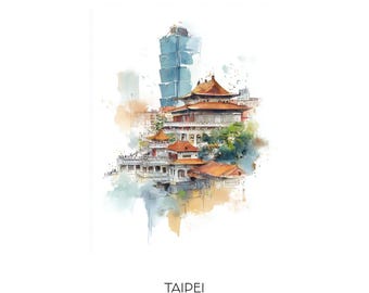 Taipei Taiwan Watercolor Art Print - Cityscape Wall Art Landscape Home Decor Travel Gift Taipei 101