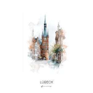 Lübeck Germany Watercolor Art Print - City Skyline Wall Art - Historic Old Town Travel Gift Home Decor