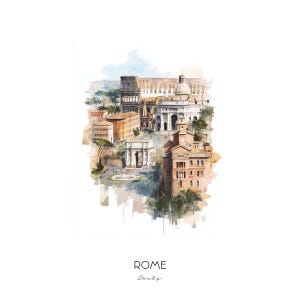 Rome Italy Watercolor Art Print - City Skyline Wall Art - Travel Gift Home Decor Colosseum Trevi Fountain Landscape
