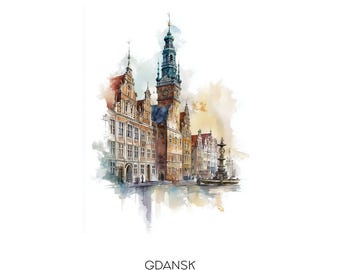 Gdansk Poland Watercolor Art Print - Cityscape Landscape Wall Art Home Decor - Famous Old Town Skyline Travel Gift
