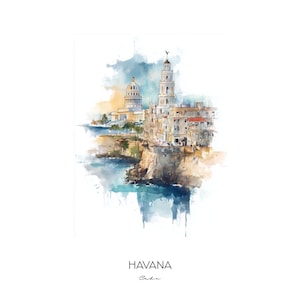 Havana Cuba Watercolor Art Print - Cityscape Landscape Wall Art Home Decor - Travel Gift Vintage Havana Skyline