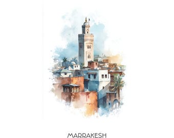Marrakesh Morocco Watercolor Art Print - Vibrant Cityscape Wall Art Home Decor Travel Gift Koutoubia Mosque Landscape