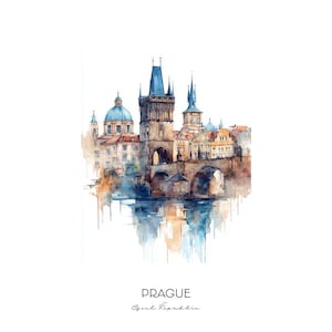 Stampa artistica ad acquerello di Praga, Repubblica Ceca - Paesaggio urbano da parete - Regalo di arredamento per la casa, Ponte Carlo, Città Vecchia