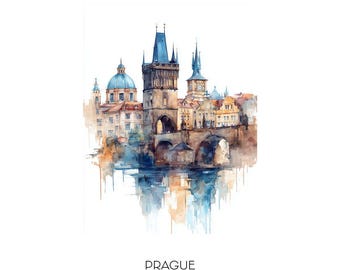Prague Czech Republic Watercolor Art Print - Cityscape Wall Art Landscape - Travel Home Decor Gift Charles Bridge Old Town