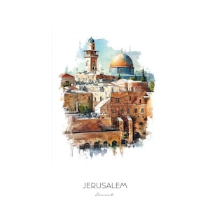 Jerusalem Israel Watercolor Art Print - Cityscape Wall Art - Old City Skyline Home Decor Travel Gift