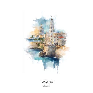 Havana Cuba Watercolor Art Print - Cityscape Landscape Wall Art Home Decor - Travel Gift Vintage Havana Skyline