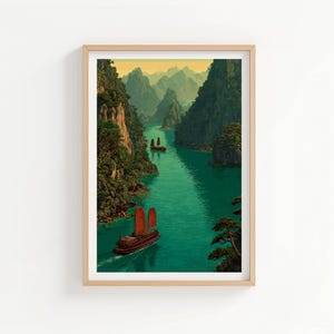 Ha Long Bay Vietnam Vintage Travel Poster (No Text) - Asian Coastal Paradise Print - Retro Wall Art Decor - Travel Gift