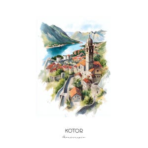Kotor Montenegro Watercolor Art Print - Cityscape Wall Art Home Decor Travel Gift Bay of Kotor Landscape