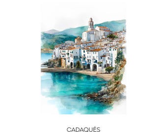 Cadaqués Spain Watercolor Art Print - Coastal Cityscape Wall Art Home Decor Travel Gift