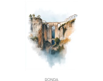 Stampa artistica ad acquerello di Ronda, Spagna - Paesaggio urbano pittoresco, decorazione da parete per la casa, regalo - Paesaggio del ponte Puente Nuevo
