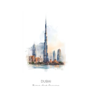 Dubai United Arab Emirates Watercolor Art Print - Cityscape Wall Art - Home Decor Burj Khalifa Skyline