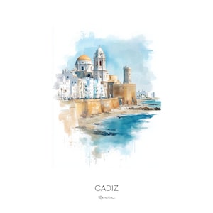 Cadiz, Spanje, aquarel kunstafdruk - stadsgezicht landschap muur kunst woondecoratie reiscadeau