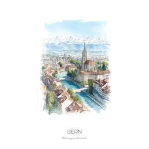 Bern Schweiz Akvarell Konsttryck - Stadssilhuett Väggkonst Heminredning Resepresent Zytglogge Klocktorn Landskap