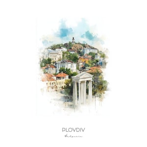May include: A watercolor painting of the city of Plovdiv, Bulgaria. The painting features a hilltop with a tower, a cityscape with buildings, and a white archway in the foreground.