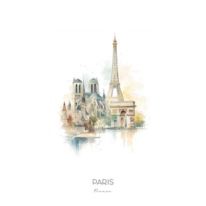 Impression d&#39;Art aquarelle Paris France - Tour Eiffel, paysage urbain, art mural, décoration d&#39;intérieur, cadeau de voyage