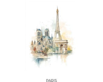 Paris France Watercolor Art Print - Eiffel Tower Cityscape Wall Art Home Decor Travel Gift