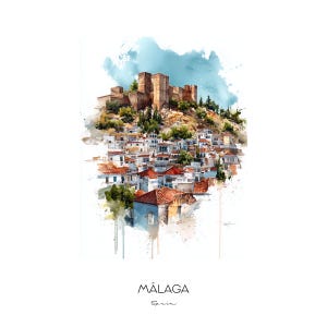 Málaga Spain Watercolor Art Print - Scenic Cityscape Wall Art Home Decor Travel Gift Alcazaba Fortress