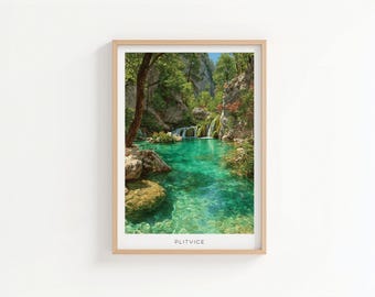 Plitvice Lakes Croatia Vintage Travel Poster - National Park Waterfall Art Print - Nature Wall Decor