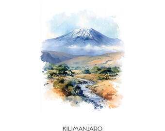 Impresión artística en acuarela del Kilimanjaro, Tanzania - Paisaje mural, decoración del hogar, horizonte del Monte Kilimanjaro