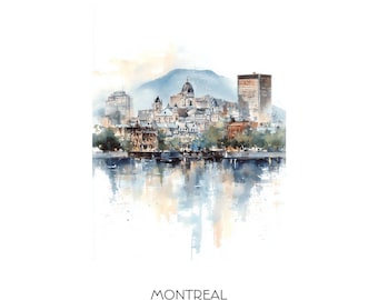 May include: Watercolor painting of Montreal, Canada, featuring a cityscape reflected in water. The artwork showcases buildings, a mountain, and a dome. The word "MONTREAL" is written below the image.