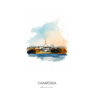 Canberra Australia Watercolor Art Print - Skyline Cityscape Wall Art Home Decor Travel Gift Lake Burley Griffin