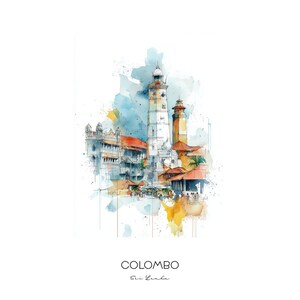 May include: Watercolour painting of a lighthouse and buildings in Colombo, Sri Lanka. The painting is done in a loose style with splashes of colour.