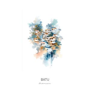 May include: Watercolor painting of a village nestled in a lush green valley with a waterfall cascading down the hillside. The painting is in shades of blue, green, and brown, with a white background. The text "BATU Indonesia" is written below the painting.