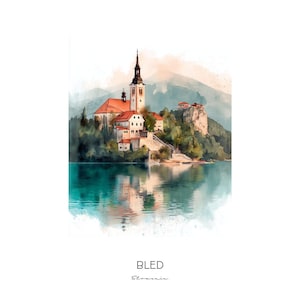 Bled Slowenien Aquarell Kunst Druck - Malerische Landschaft Wand Kunst Wohnkultur Reise Geschenk