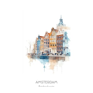 Amsterdam Netherlands Watercolor Art Print - City Skyline Wall Art - Travel Gift Home Decor Canal Houses Bicycles