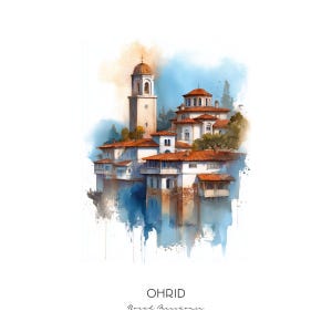 Ohrid North Macedonia Watercolor Art Print - Cityscape Landscape Wall Art - Travel Gift Home Decor Lake Ohrid Basilica