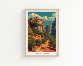 Meteora Grecja Vintage Travel Poster - Grecki klasztor Art Print - Śródziemnomorski krajobraz Dekoracja ścienna - Retro Home Gift