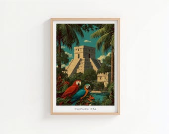 Chichen Itza Mexico Vintage Travel Poster - Mayan Ruins Art Print - Ancient Temple Wall Decor
