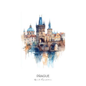 Stampa artistica ad acquerello di Praga, Repubblica Ceca - Paesaggio urbano da parete - Regalo di arredamento per la casa, Ponte Carlo, Città Vecchia
