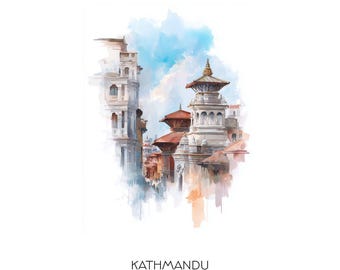 Kathmandu Nepal Aquarell Kunstdruck - Stadtansicht Landschaft Wand Kunst Home Dekor Reise Geschenk