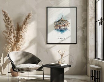 Marseille France Watercolor Art Print - Coastal Cityscape Wall Art