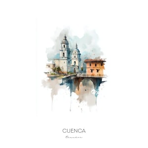 May include: Watercolor painting of a white church with two towers and a bridge in front of it. The church is surrounded by trees and the bridge is over a river. The painting is in a muted color palette with shades of blue, green, and brown. The text "CUENCA Ecuador" is written below the painting.