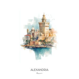 Alexandria Egypt Watercolor Art Print - Cityscape Wall Art - Travel Gift Home Decor Lighthouse Alexandria