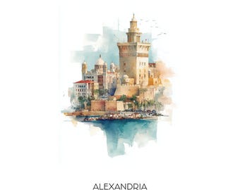 Alexandria Egypt Watercolor Art Print - Cityscape Wall Art - Travel Gift Home Decor Lighthouse Alexandria