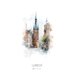Lübeck Germany Watercolor Art Print - City Skyline Wall Art - Historic Old Town Travel Gift Home Decor