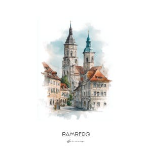 Könnte beinhalten: Ein Aquarellbild der Stadt Bamberg in Deutschland. Das Bild zeigt zwei hohe Kirchtürme mit spitzen Dächern und eine Straße, die von Gebäuden gesäumt ist.